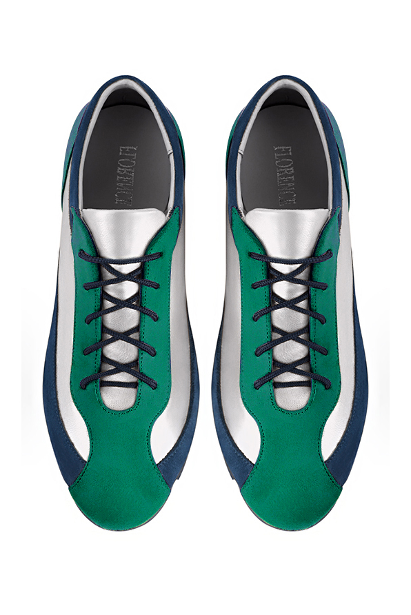 Emerald green, light silver and navy blue women's elegant sneakers. Round toe. Flat rubber soles. Top view - Florence KOOIJMAN